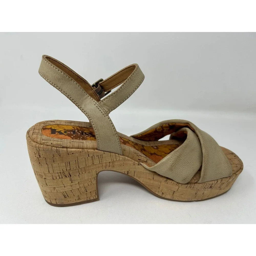 Korks Tan Cork Platform Block Heel Sandals Retro Floral Footbed Womens Size 10M